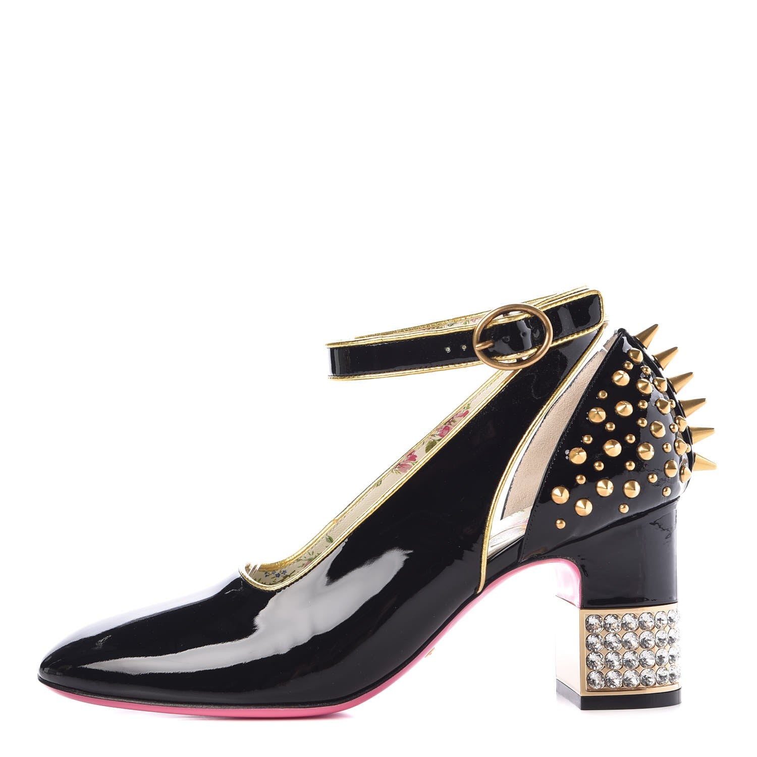 Gucci Patent Studded Crystal Block-Heel Pumps 37.5 Black Gold 1 of 9