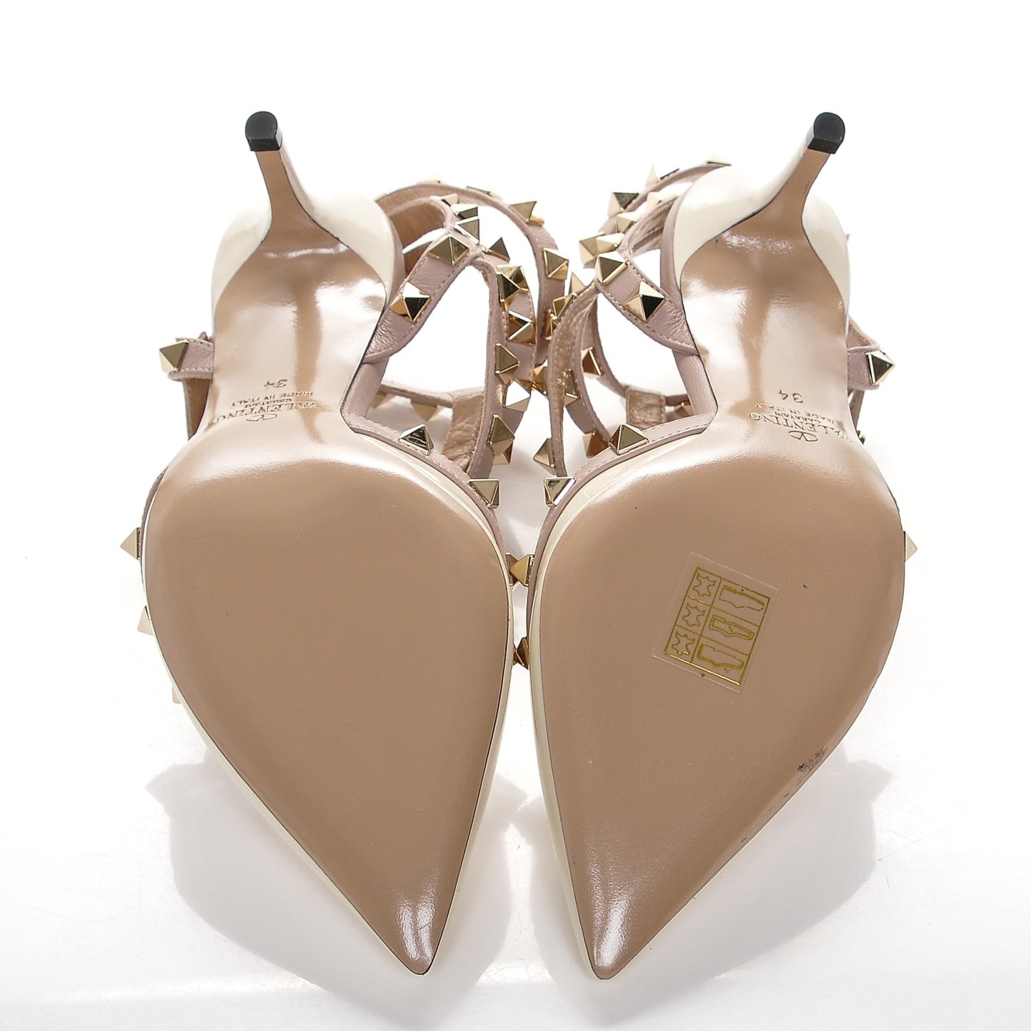 Patent Rockstud Ankle Strap Low Heel Pumps 34 Ivory Poudre