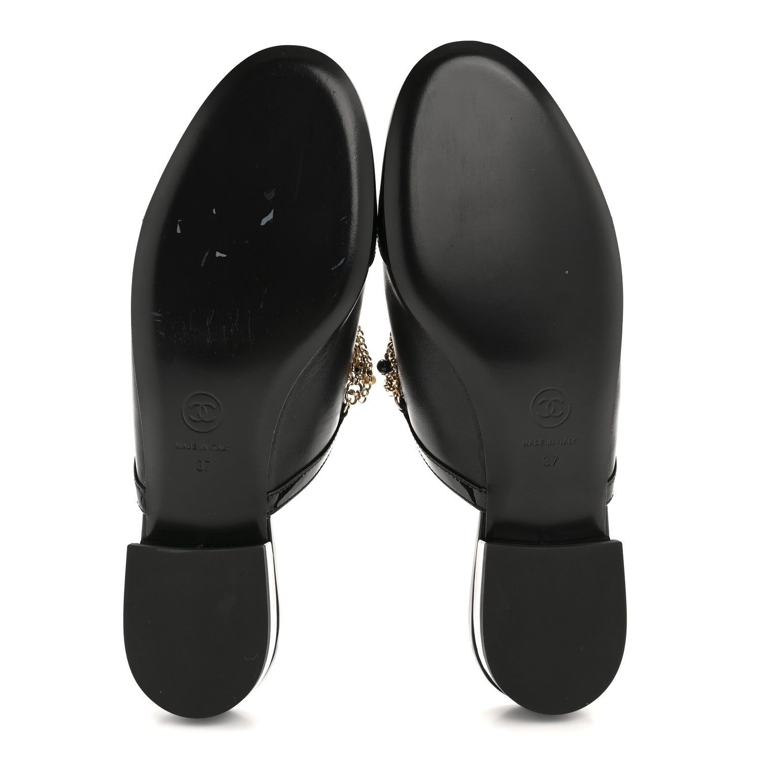 Chanel Lambskin Patent Pearl Chain Charm CC Mules 37 Black 6 of 10