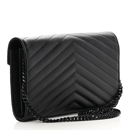 Saint Laurent Grain De Poudre Matelasse Chevron Monogram Chain Wallet Black 2 of 9