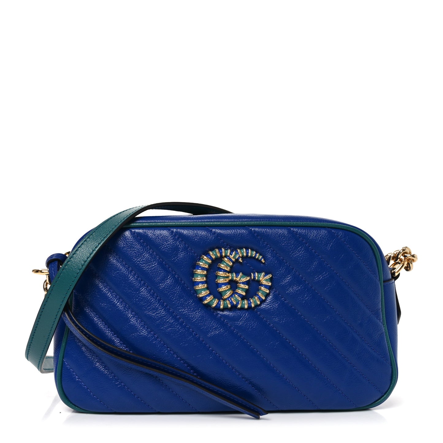 Azalea Calfskin Enamel Matelasse Diagonal Small Torchon GG Marmont Chain Shoulder Bag Imperial Blue Pavone