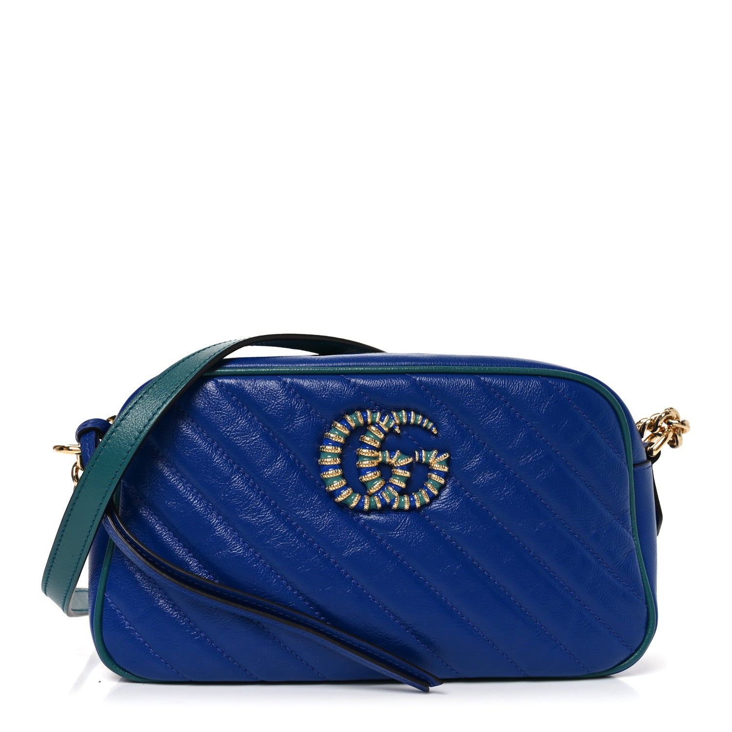 Gucci Azalea Calfskin Enamel Matelasse Diagonal Small Torchon GG Marmont Chain Shoulder Bag Imperial Blue Pavone 1 of 10