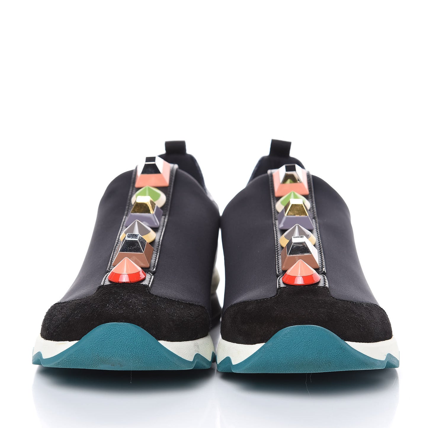 Neoprene Calfskin Rainbow Studded Sneakers 39 Black Navy Olive