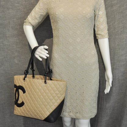 Chanel Calfskin Quilted Large Cambon Tote Beige Black 2 of 10