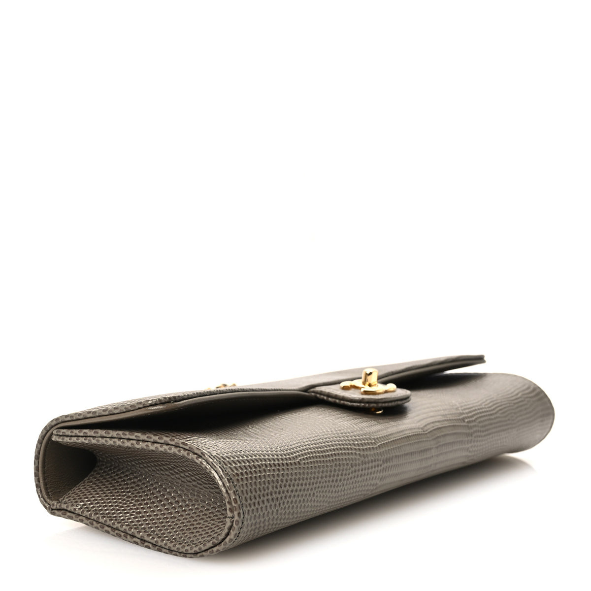 Calfskin Lizard Embossed Top Handle Long Clutch With Chain Dark Khaki