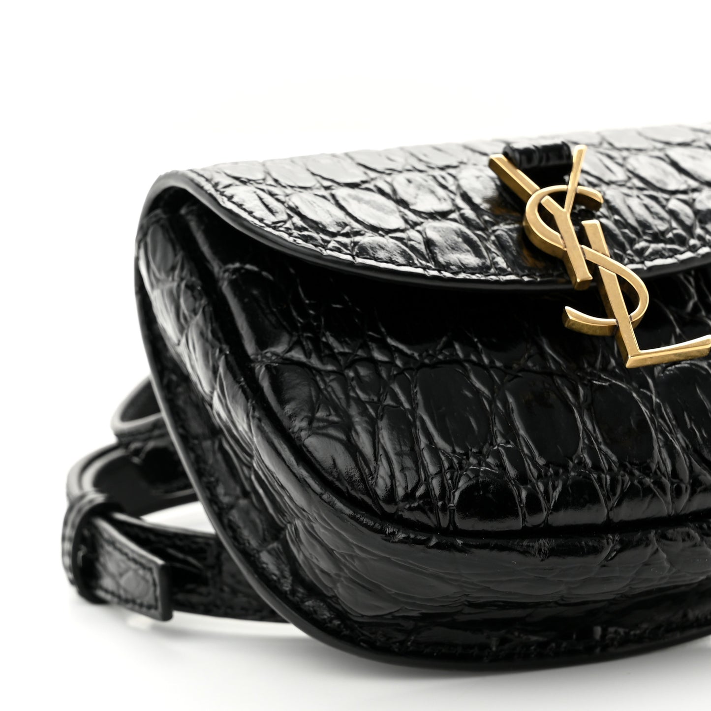 Shiny Calfskin Crocodile Embossed Monogram Kaia Belt Bag Black