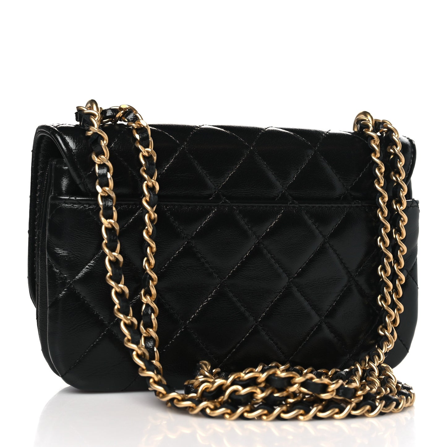 Shiny Lambskin Quilted Flap Phone Holder With Chain Black