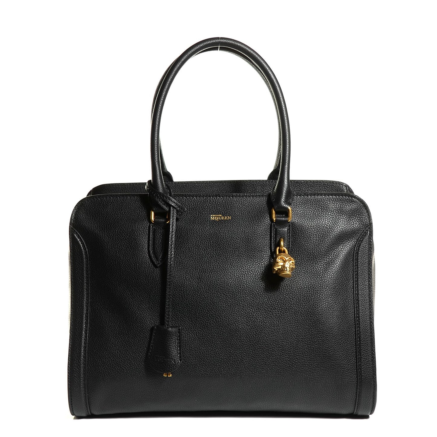 Pebbled Calfskin Large Skull Padlock Zip Around Tote Black