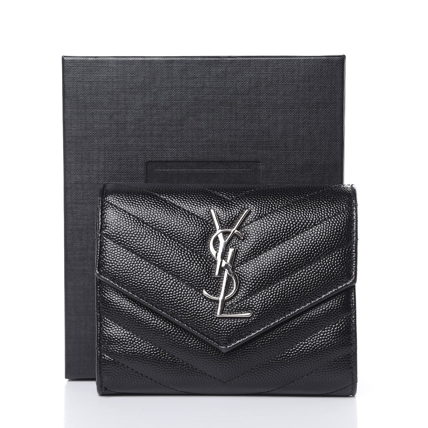 Grain De Poudre Matelasse Chevron Monogram Compact Tri Fold Wallet Black