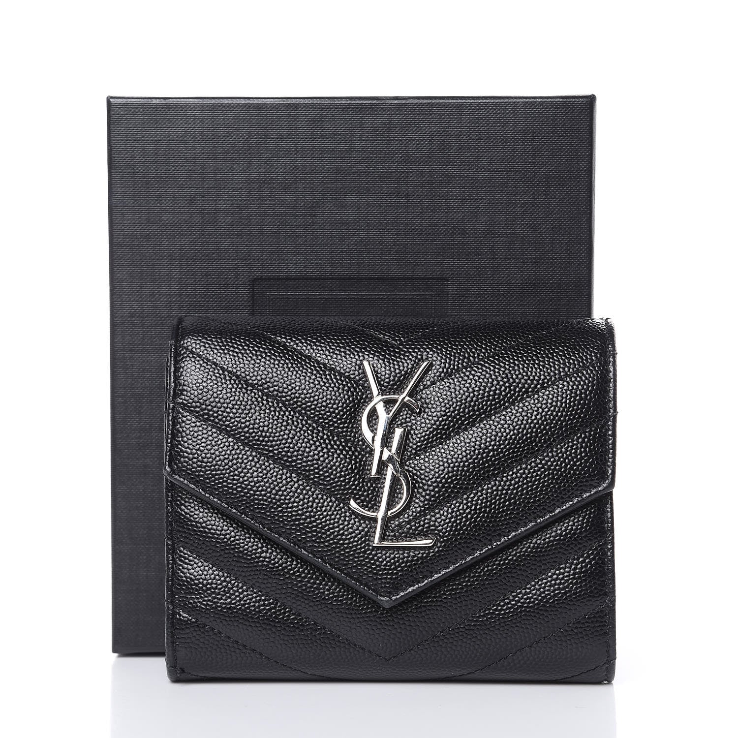 Saint Laurent Grain De Poudre Matelasse Chevron Monogram Compact Tri Fold Wallet Black 12 of 12