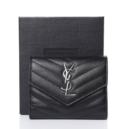 Saint Laurent Grain De Poudre Matelasse Chevron Monogram Compact Tri Fold Wallet Black 12 of 12