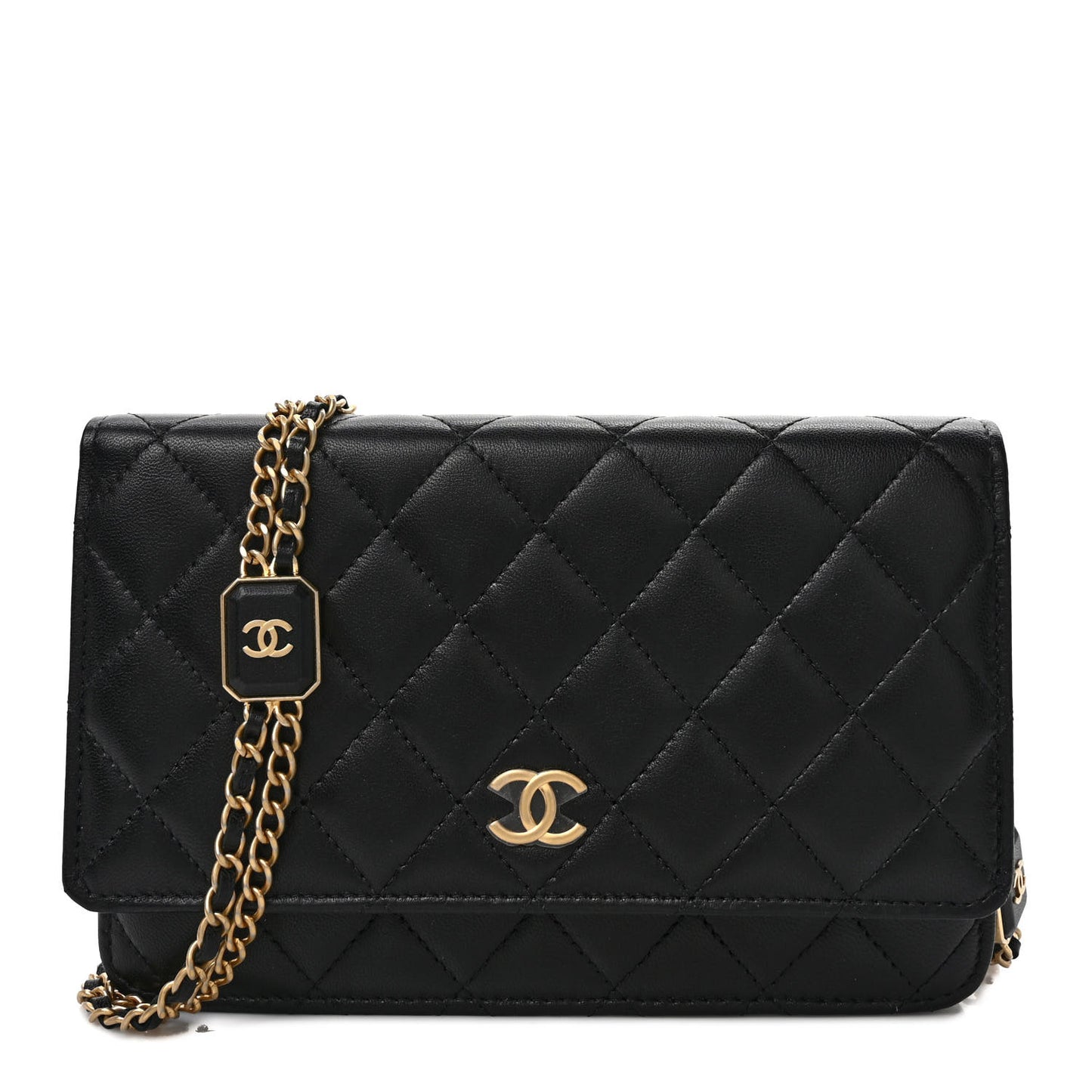 Lambskin Quilted Enamel Wallet On Chain WOC Black