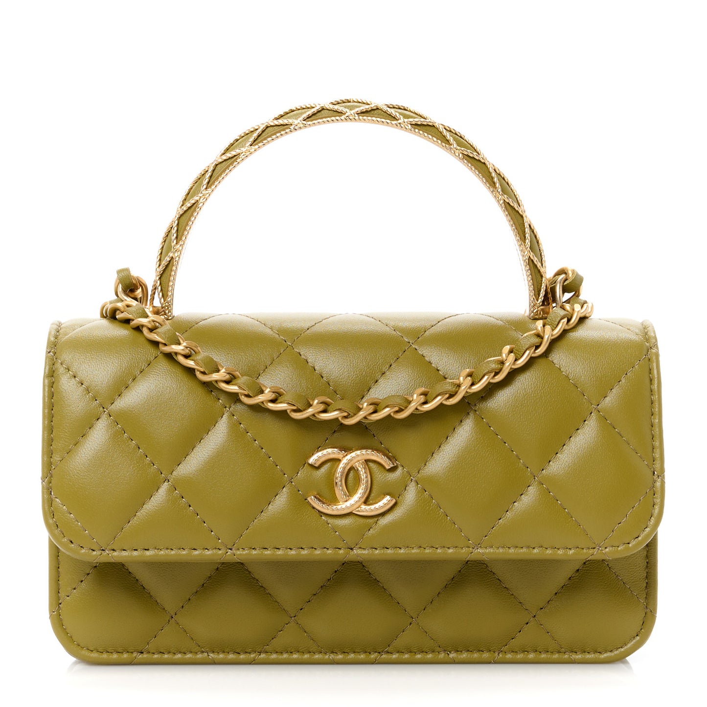 Lambskin Quilted Metal Twist Top Handle Flap Phone Holder With Chain Green