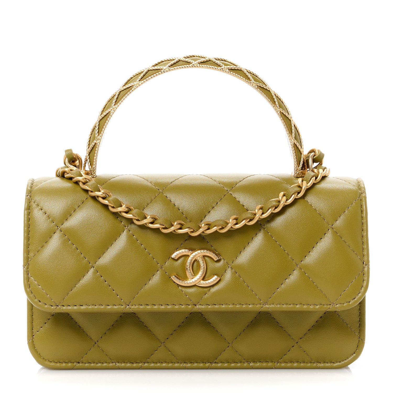 Chanel Lambskin Quilted Metal Twist Top Handle Flap Phone Holder With Chain Green 1 of 14