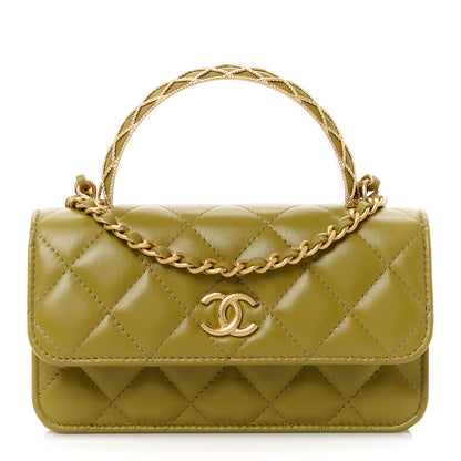 Chanel Lambskin Quilted Metal Twist Top Handle Flap Phone Holder With Chain Green 1 of 14