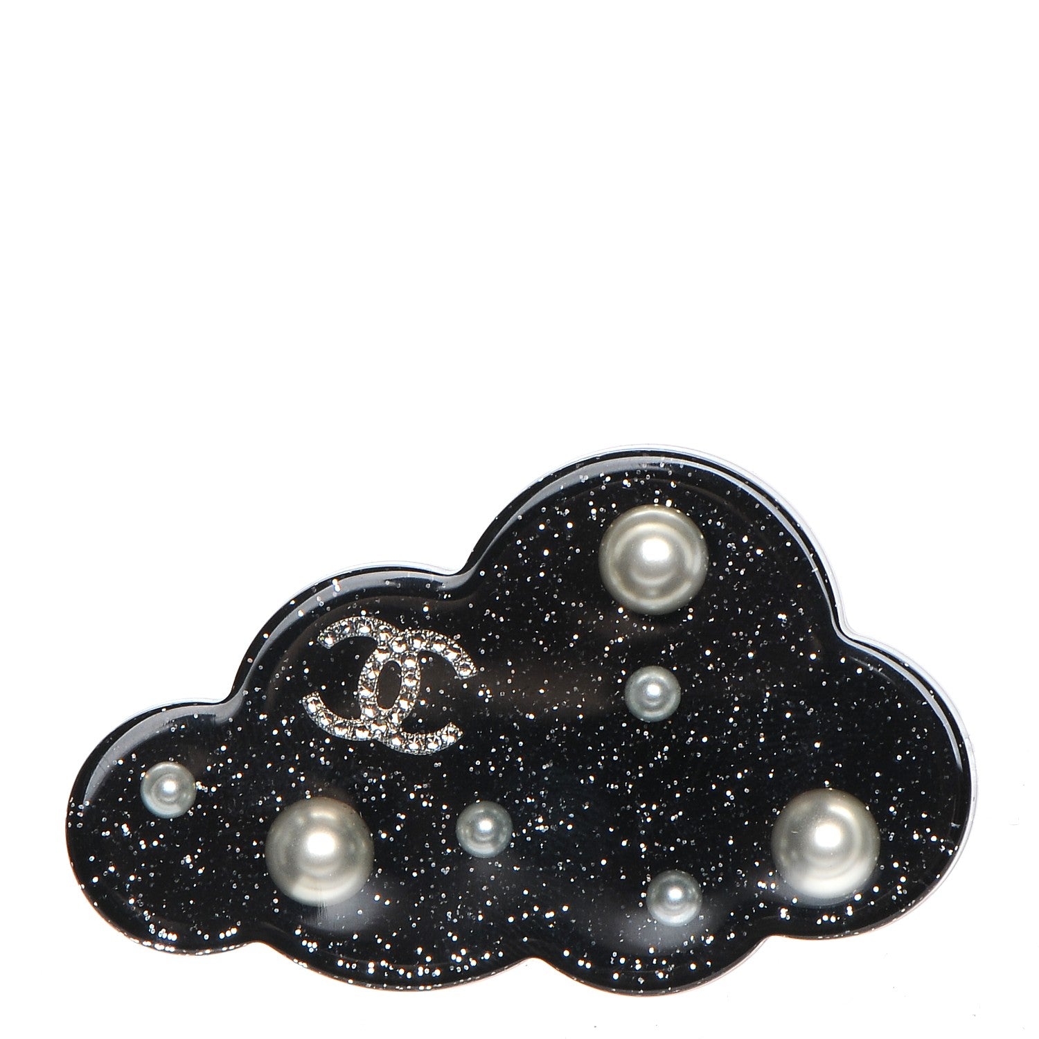 Chanel Glittered Resin Crystal Pearl CC Cloud Brooch Black Silver 1 of 5