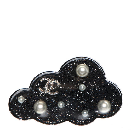 Chanel Glittered Resin Crystal Pearl CC Cloud Brooch Black Silver 1 of 5