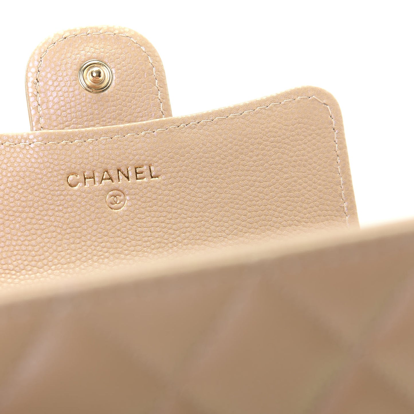 Iridescent Caviar Quilted Compact Flap Wallet Dark Beige