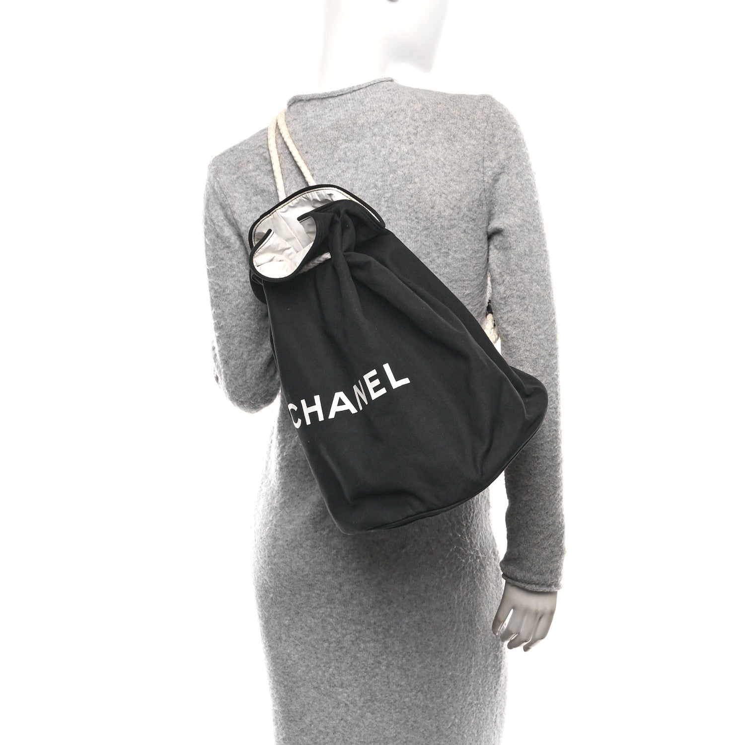 Chanel Canvas Drawstring Backpack Black White 2 of 9