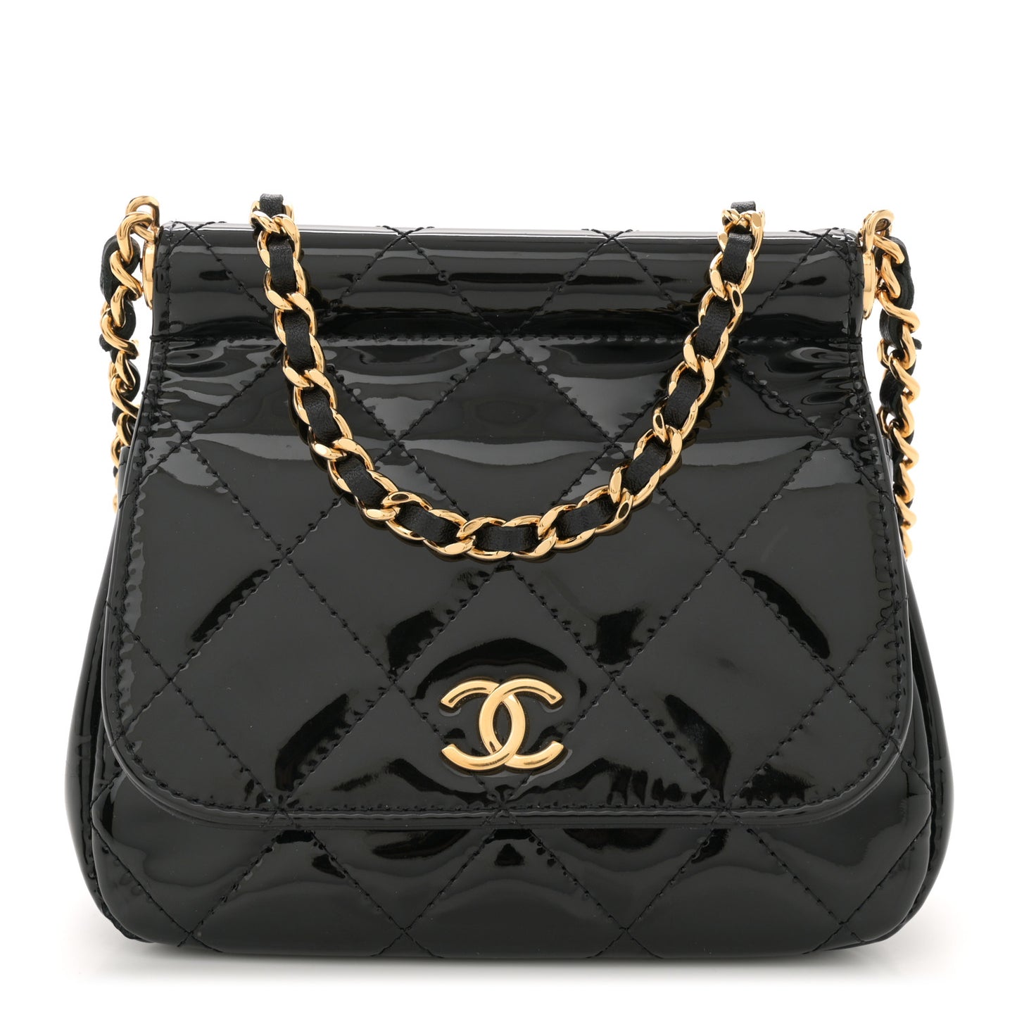 Patent Quilted Frame Clutch Flap With Chain Black