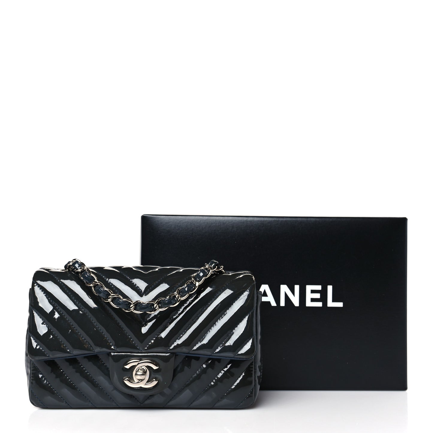 Patent Calfskin Chevron Quilted Mini Rectangular Flap Navy Blue