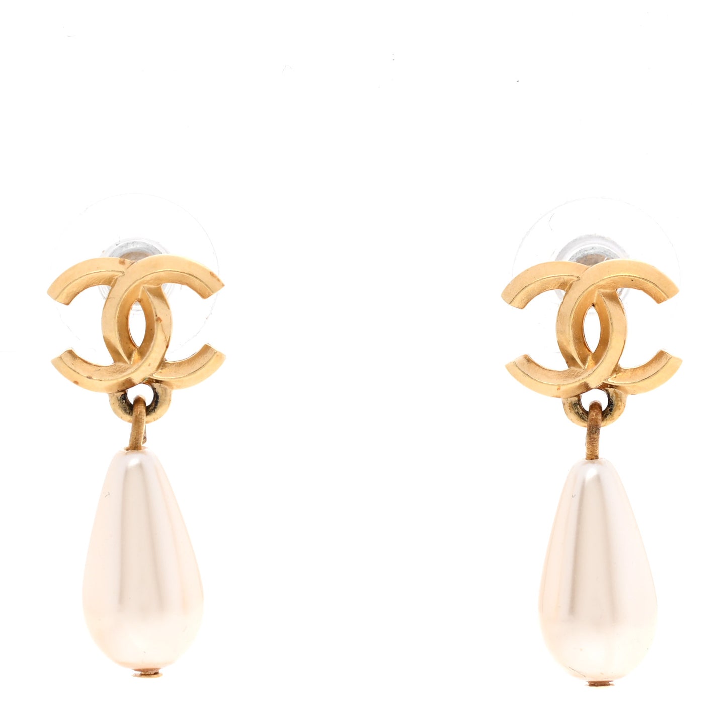 Metal CC Pearl Drop Earrings Gold