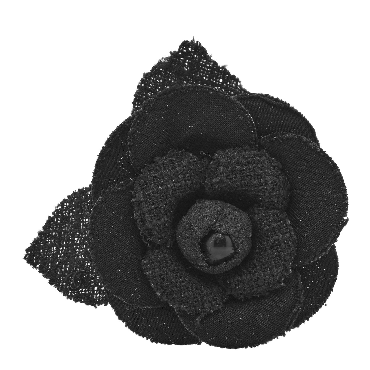 Tweed Fabric Camellia Pin Brooch Black