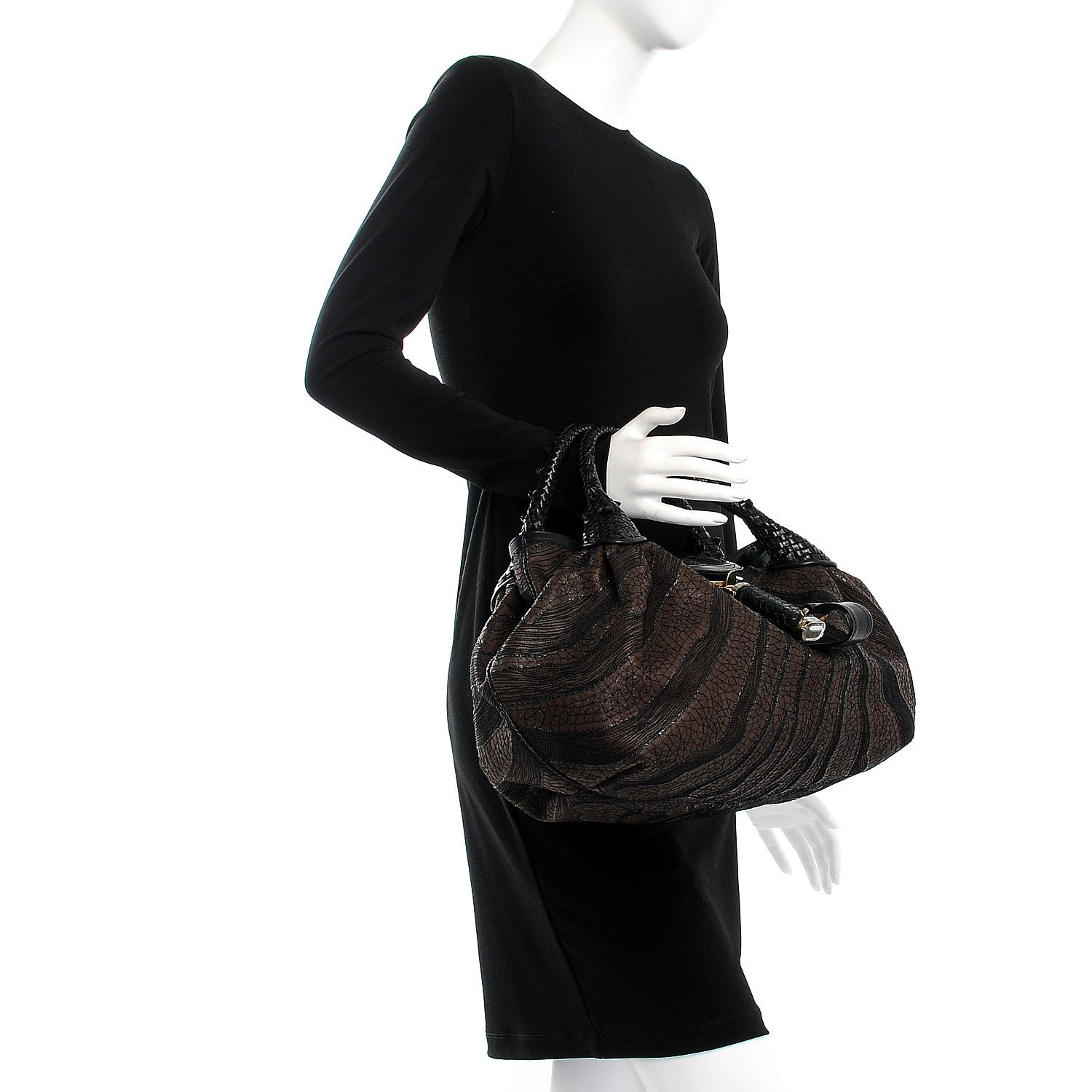 Fendi Calfskin Embroidered Spy Brown Black Gold 2 of 8