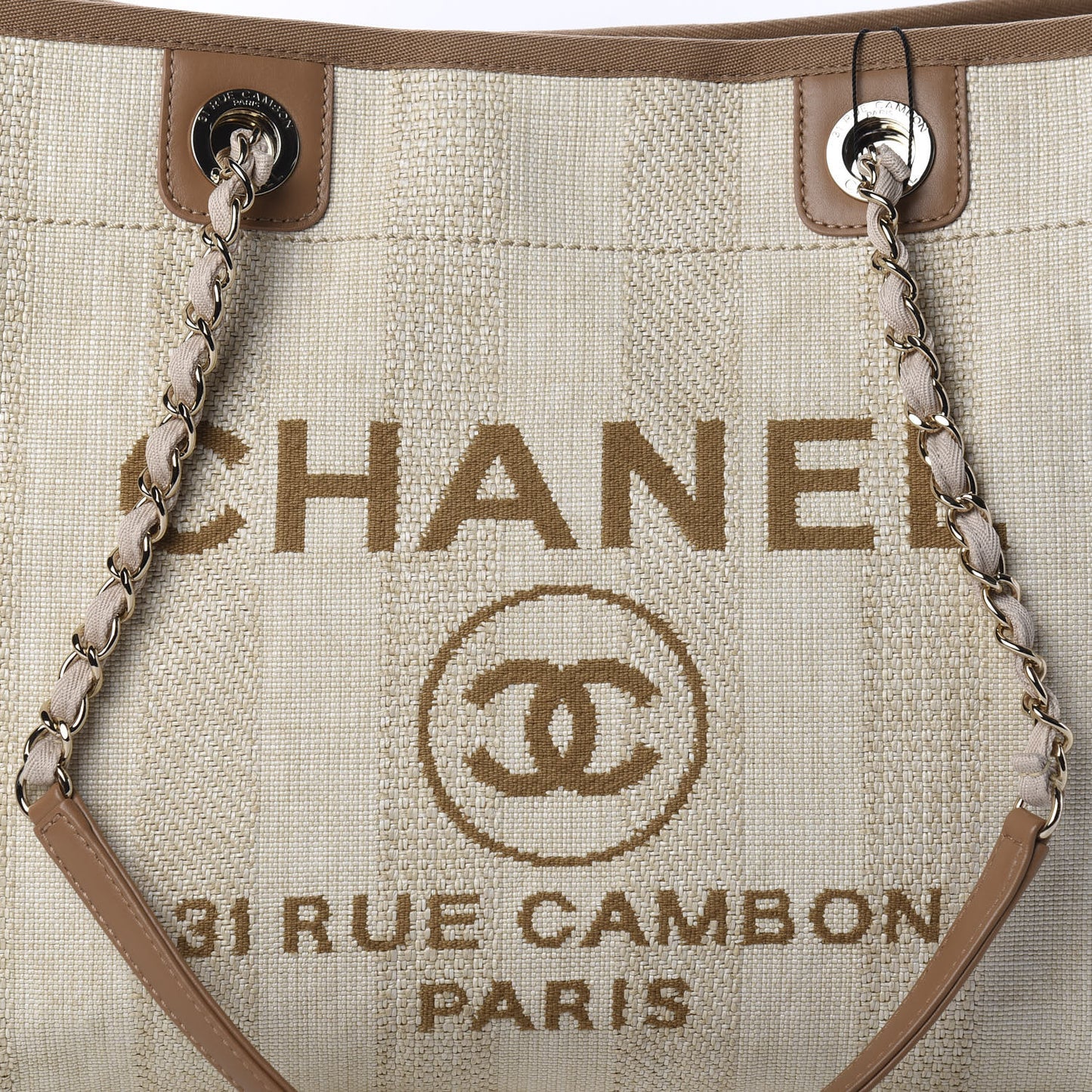Mixed Fibers Calfskin Striped Small Deauville Tote Beige