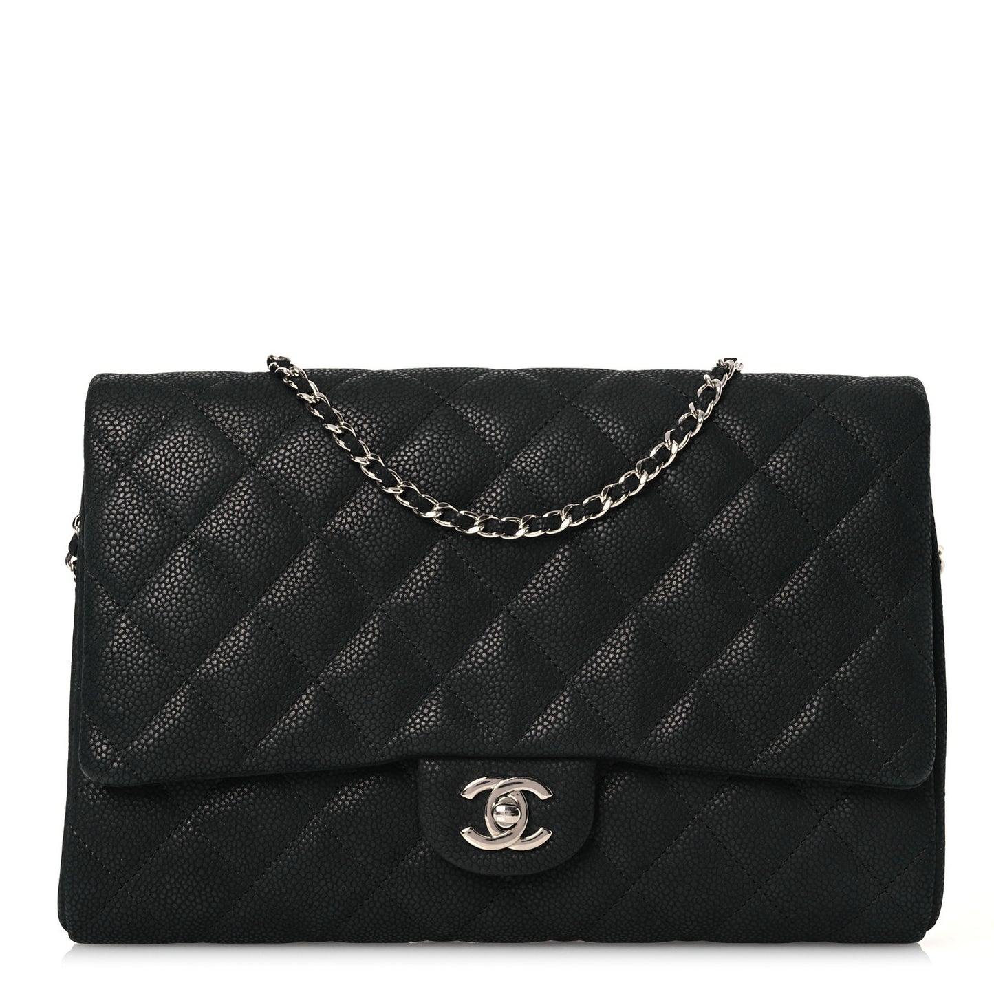 Iridescent Caviar Quilted Clutch With Chain Flap Black