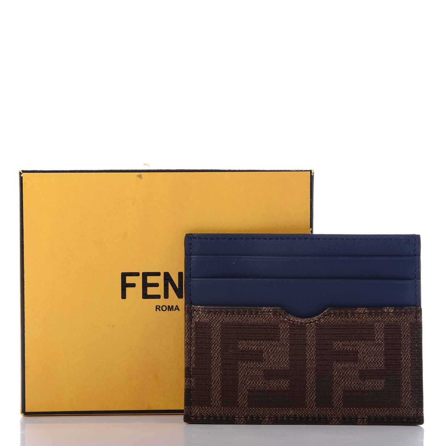 Vitello Century Glazed Fabric FF 1974 Card Holder Blu Scuro Mogano Panna