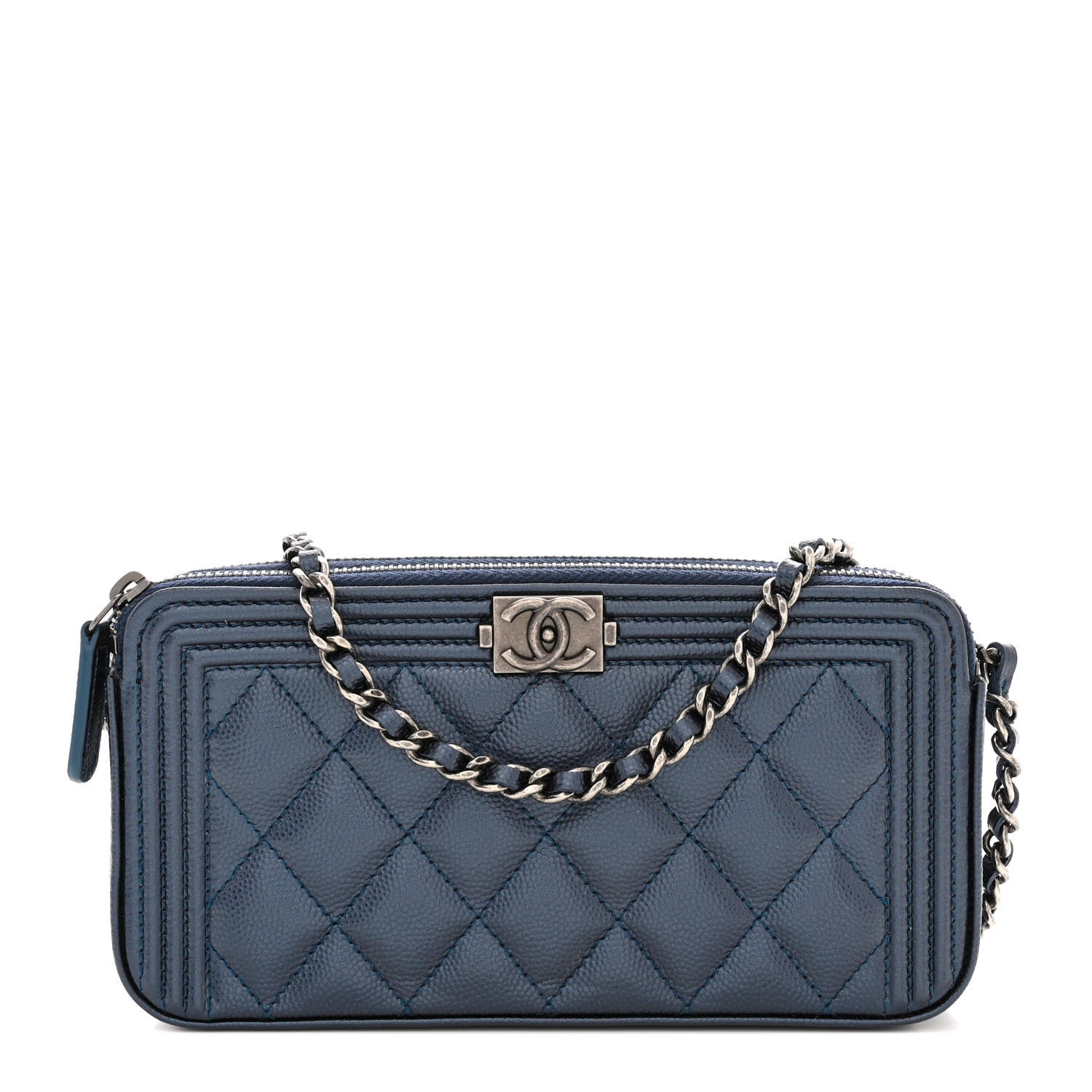 Chanel Metallic Caviar Quilted Small Boy Clutch With Chain Navy 1 of 13