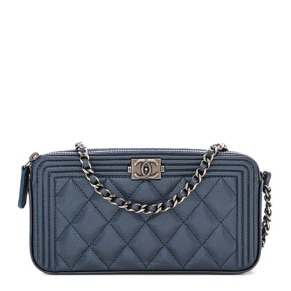 Chanel Metallic Caviar Quilted Small Boy Clutch With Chain Navy 1 of 13