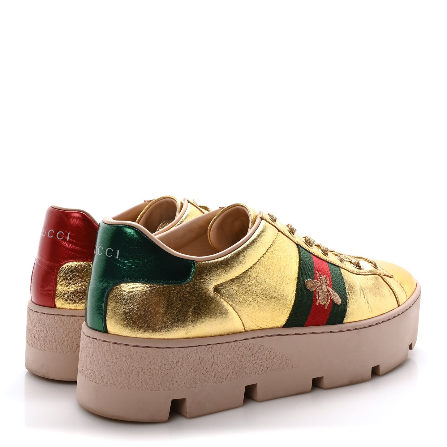 Metallic Nappa Web Bee Embroidered Womens Ace Platform Sneakers 38.5 Gold