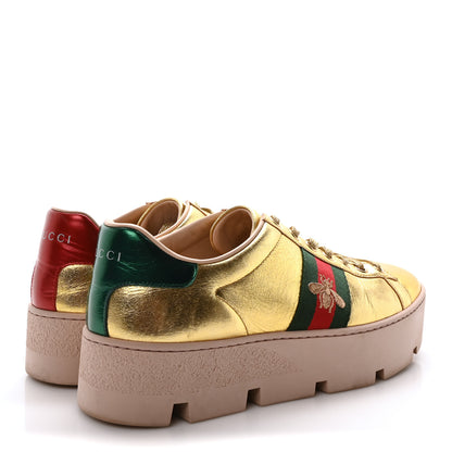 Gucci Metallic Nappa Web Bee Embroidered Womens Ace Platform Sneakers 38.5 Gold 5 of 8