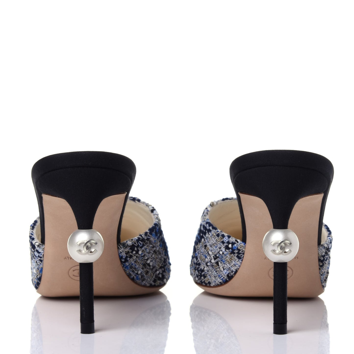 Tweed Grosgrain Pearl Mules 39 Navy White Black
