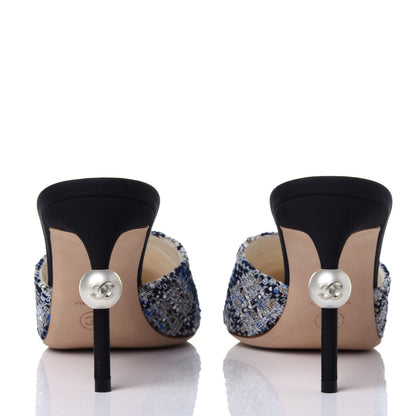 Chanel Tweed Grosgrain Pearl Mules 39 Navy White Black 5 of 13