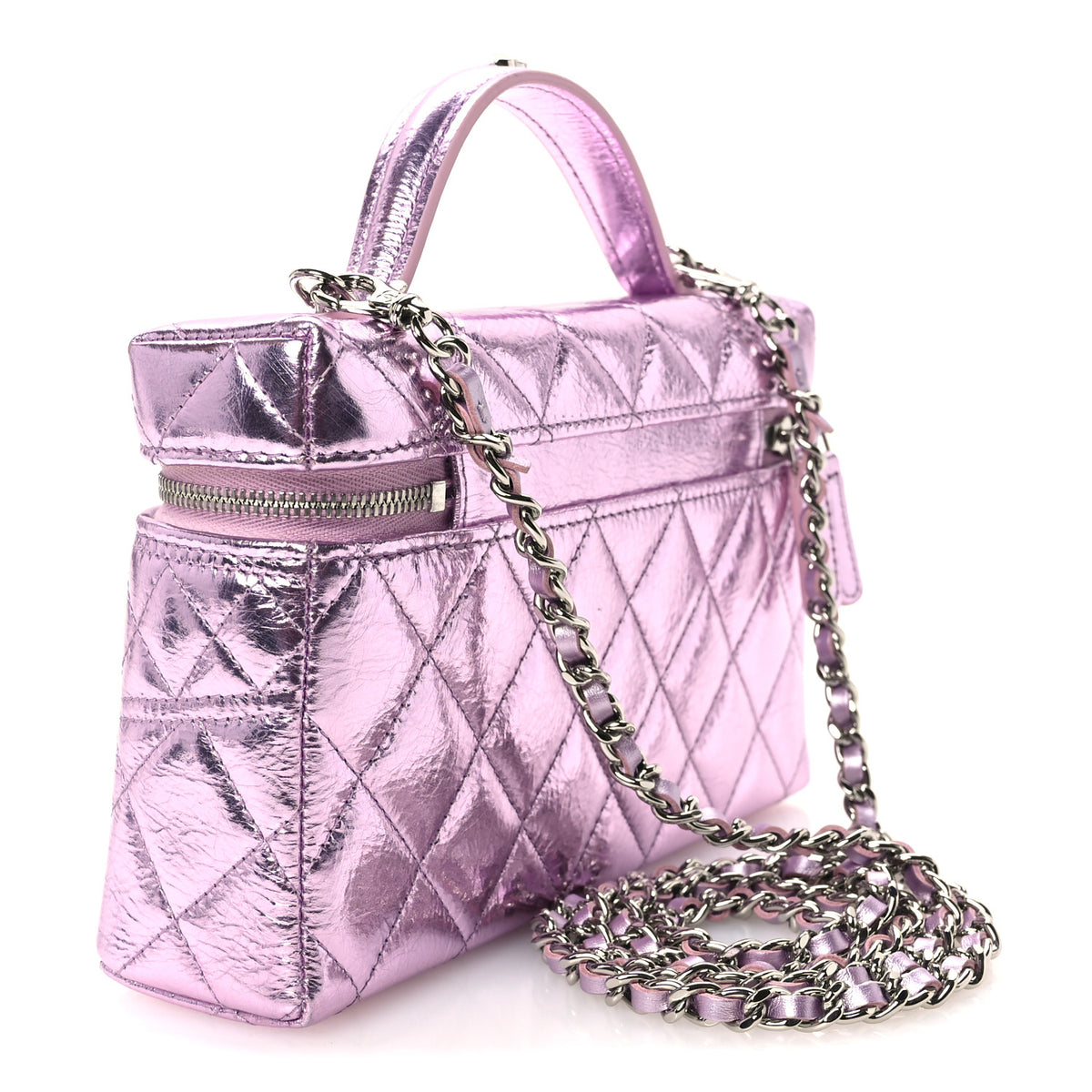 Metallic Calfskin Quilted Slim Vanity With Chain Pink