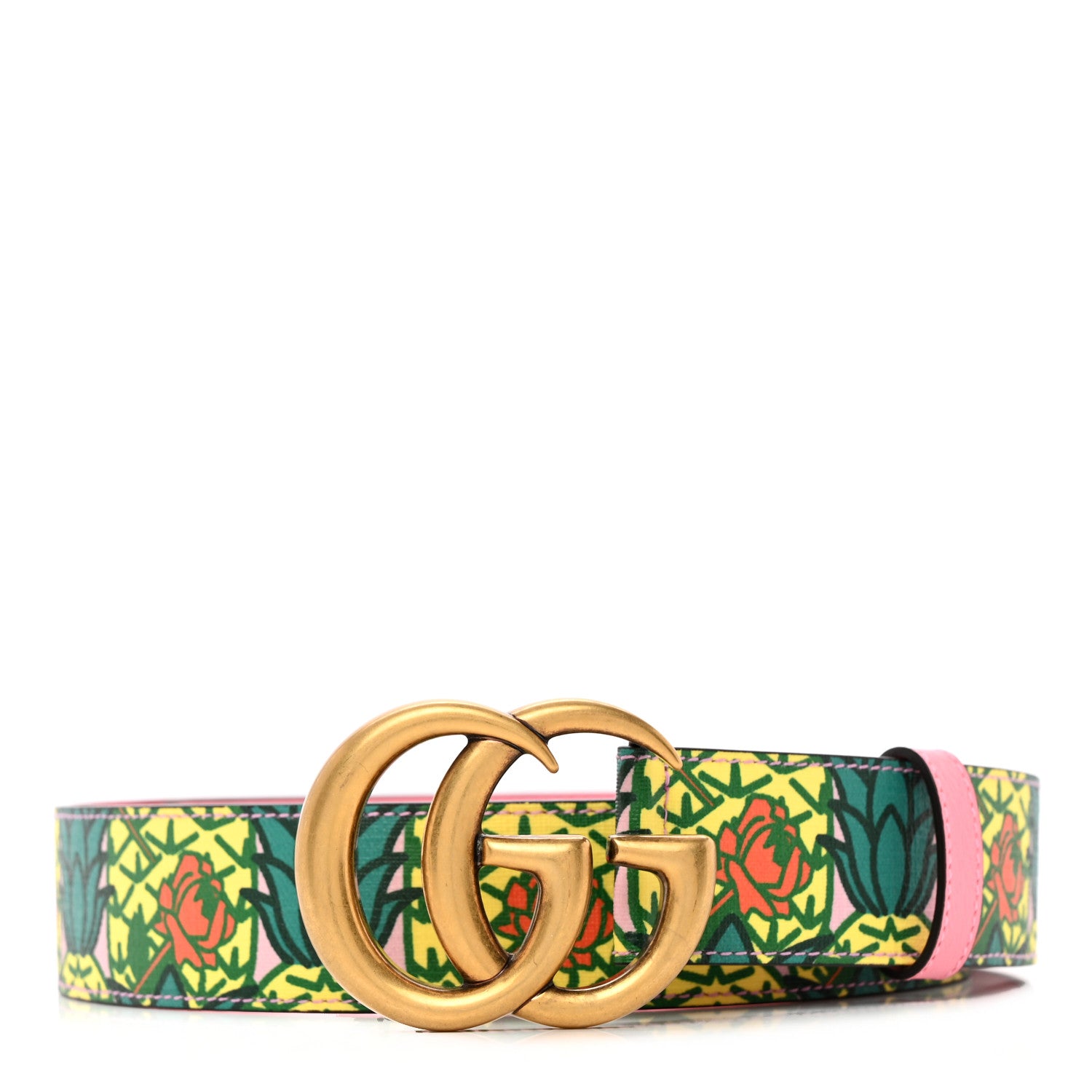 Gucci Supreme Canvas Textured Dollar Calfskin Pineapple Rose Double G 40mm Belt 90 36 Yellow Green Butter Pink 1 of 7