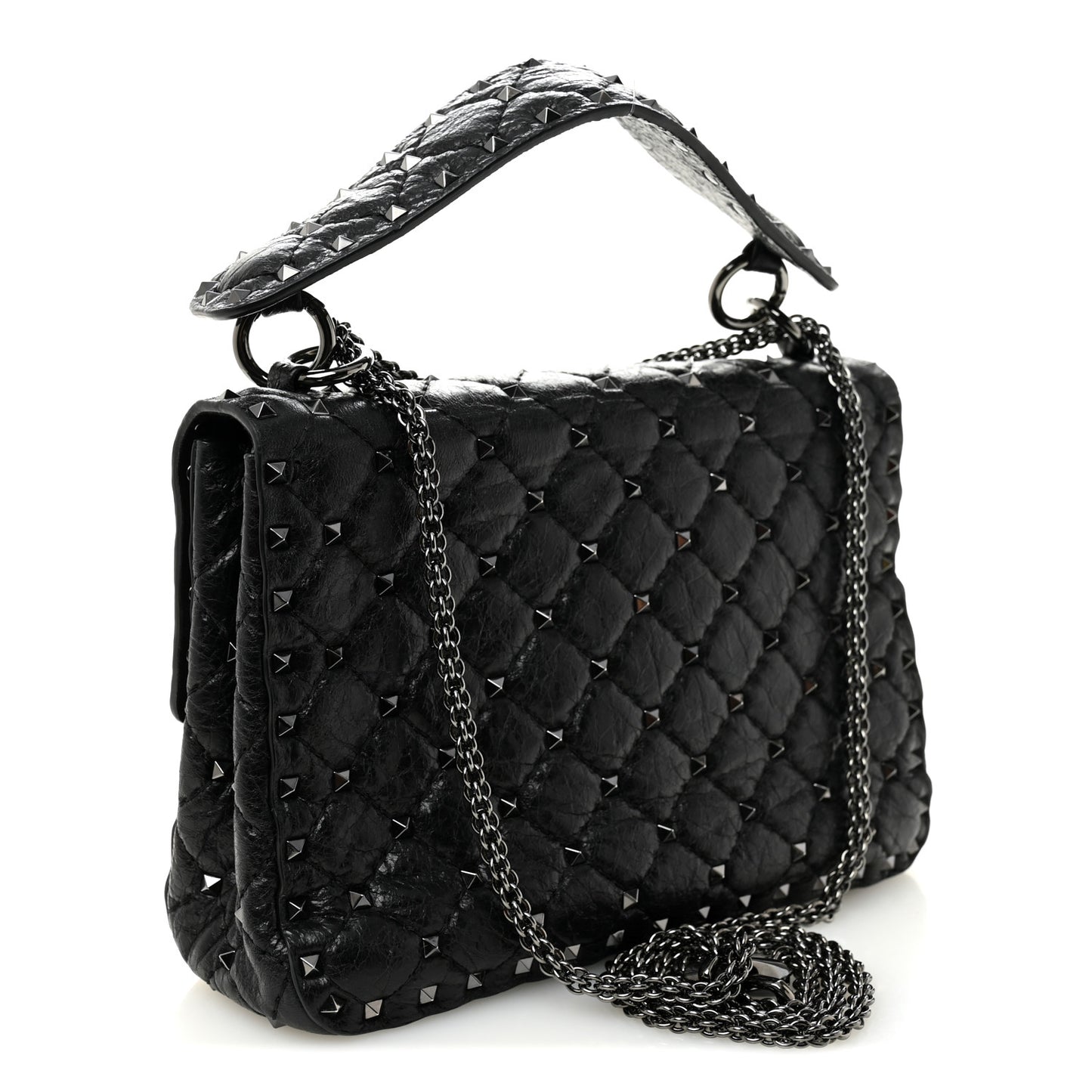 Craquele Nappa Medium Rockstud Spike Shoulder Bag Black