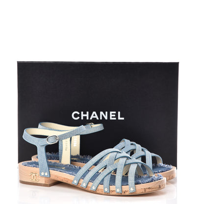 Chanel Cork Wood Calfskin Strappy Sandals 42 Blue 10 of 10