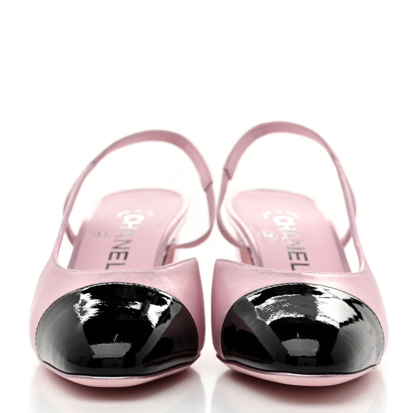 Laminated Lambskin Patent Cap Toe CC Slingback Pumps 37 Light Pink Black