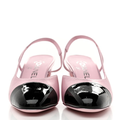 Chanel Laminated Lambskin Patent Cap Toe CC Slingback Pumps 37 Light Pink Black 2 of 10
