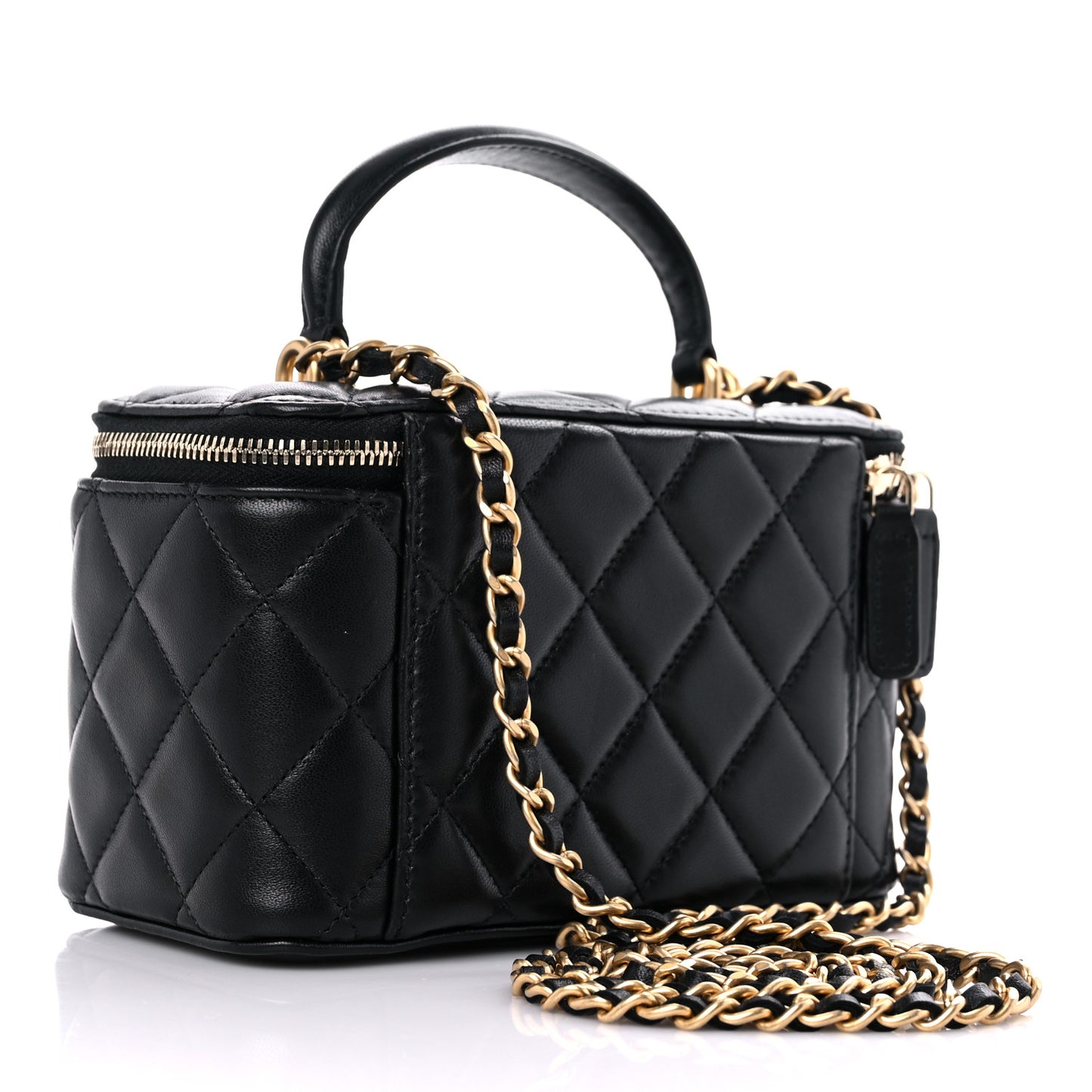 Lambskin Quilted Small Top Handle Vanity Case With Chain Black
