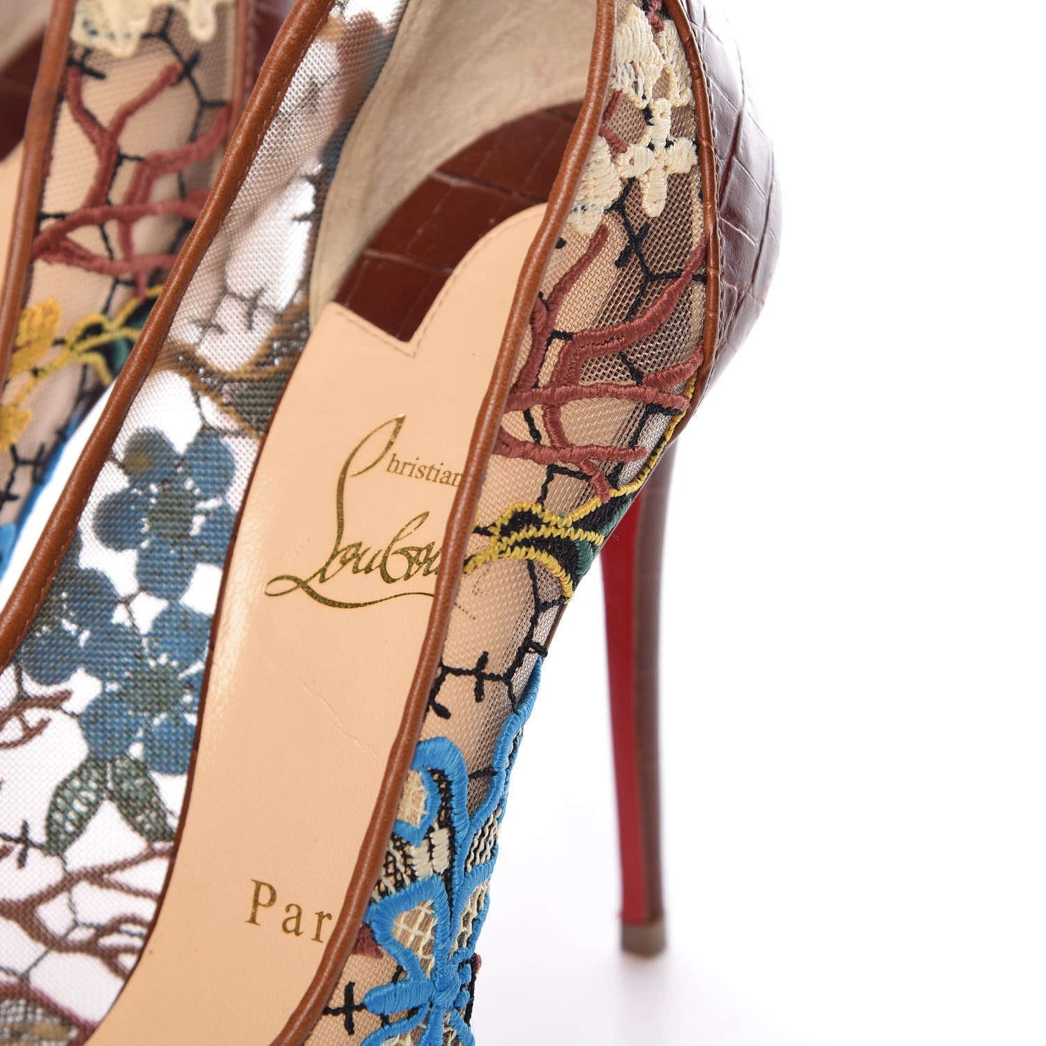 Christian Louboutin Lace Calfskin Crocodile Embossed Follies 100 Pumps 38.5 Cuoio Multicolor 11 of 13