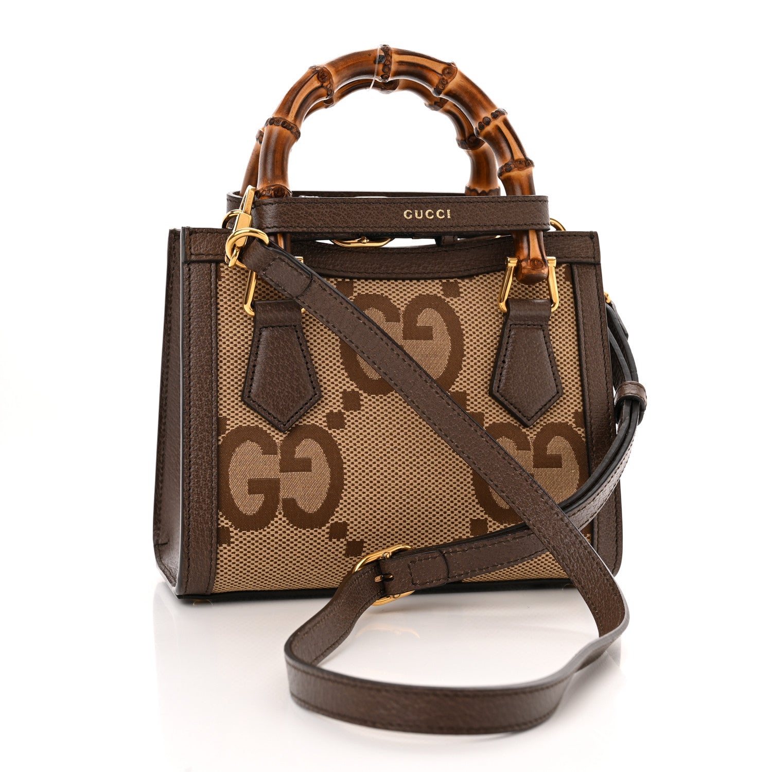 Gucci Monogram Jumbo GG Textured Dollar Calfskin Mini Diana Tote Bag Camel Ebony New Acero 3 of 10