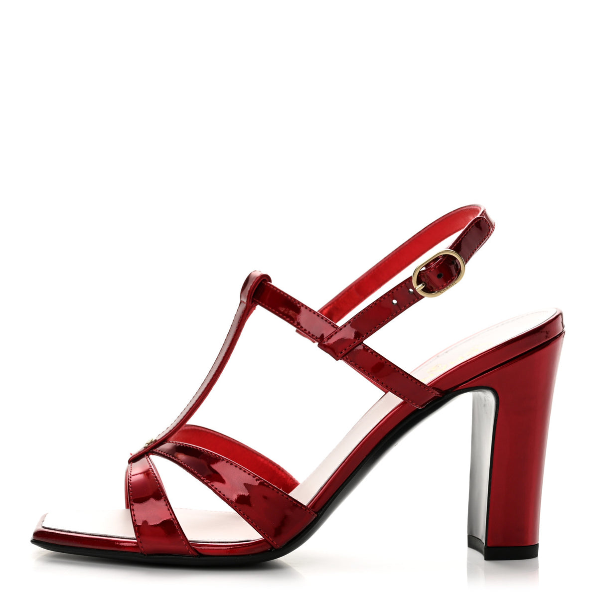 Chanel Laminated Calfskin Block Heel Sandals 37.5 Red 1 of 10