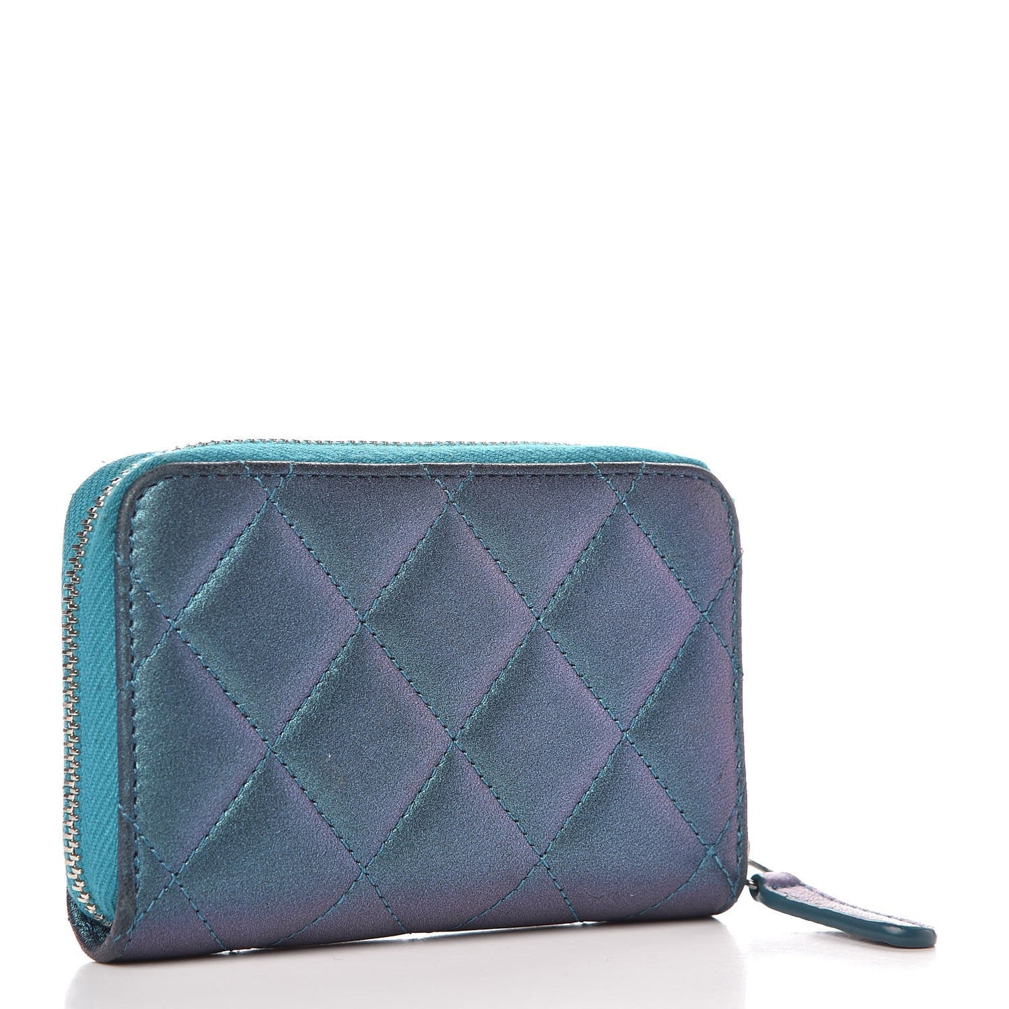 Metallic Lambskin Quilted Zip Around Coin Purse Wallet Turquoise