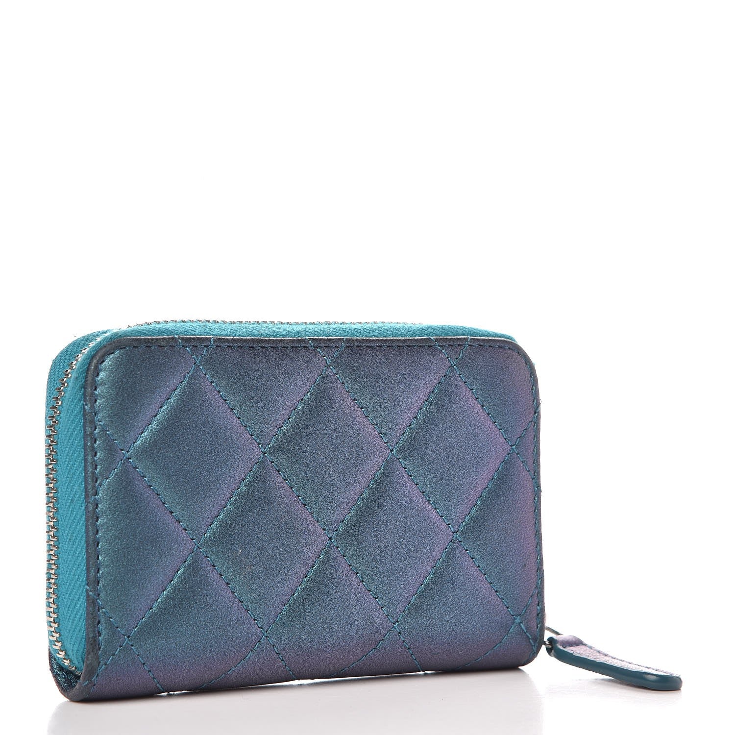 Chanel Metallic Lambskin Quilted Zip Around Coin Purse Wallet Turquoise 3 of 8