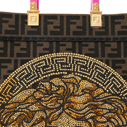 Fendi X VERSACE Fabric Jacquard Calfskin Plexiglass Fendace FF Medusa Studded Large Fendi Sunshine Shopper Tote Marrone Fuxia 8 of 12